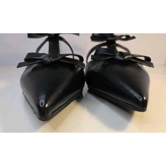 Garavani Valentino EU 37.5 Black Leather Flat Sandals French Bows & Ankle Strap - Picture 7 of 16